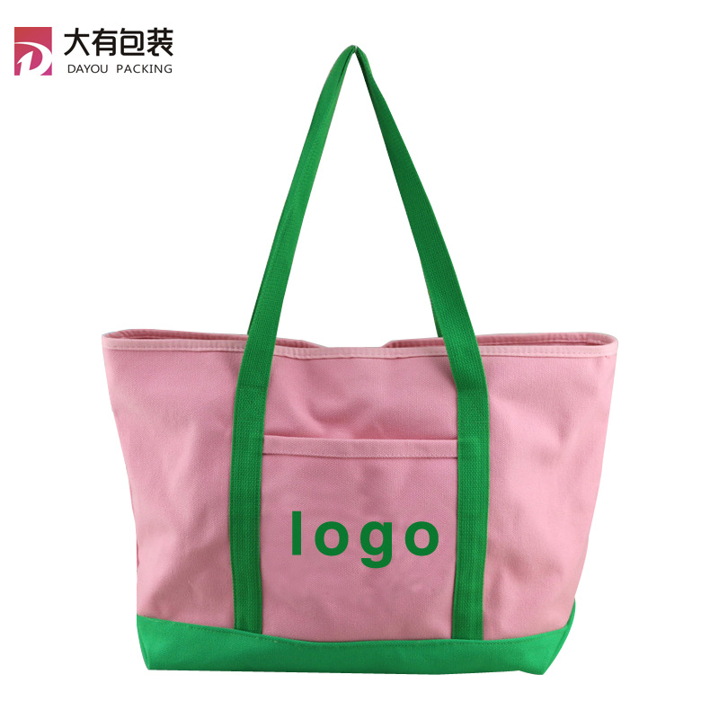 Open Top Heavy Duty Deluxe Pink Cotton Canvas Tote Bag with Outer Pocket