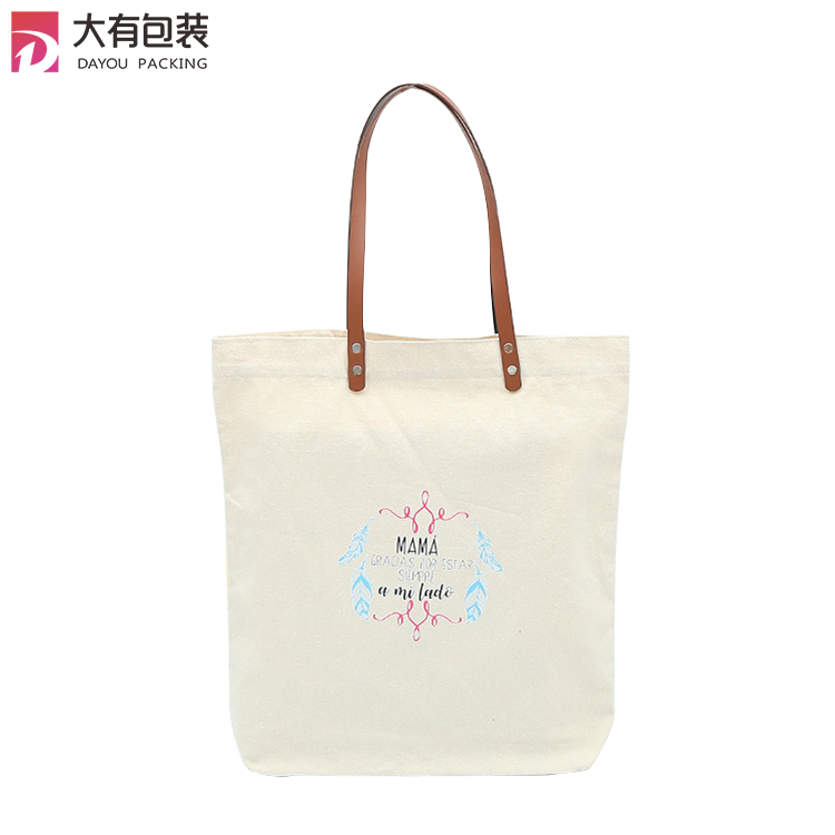 Custom Printed Logo High Quality Women Blank Cotton Canvas Beach Tote Bag With Leather Handle